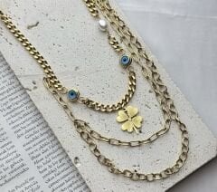 Gold 3 lü Yoncalı Kolye