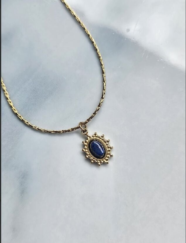 Lacivert Taşlı Gold Kolye